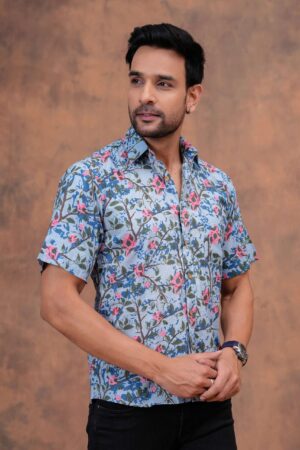 Men’s Sky Blue Floral Handblock Printed Cotton Shirt