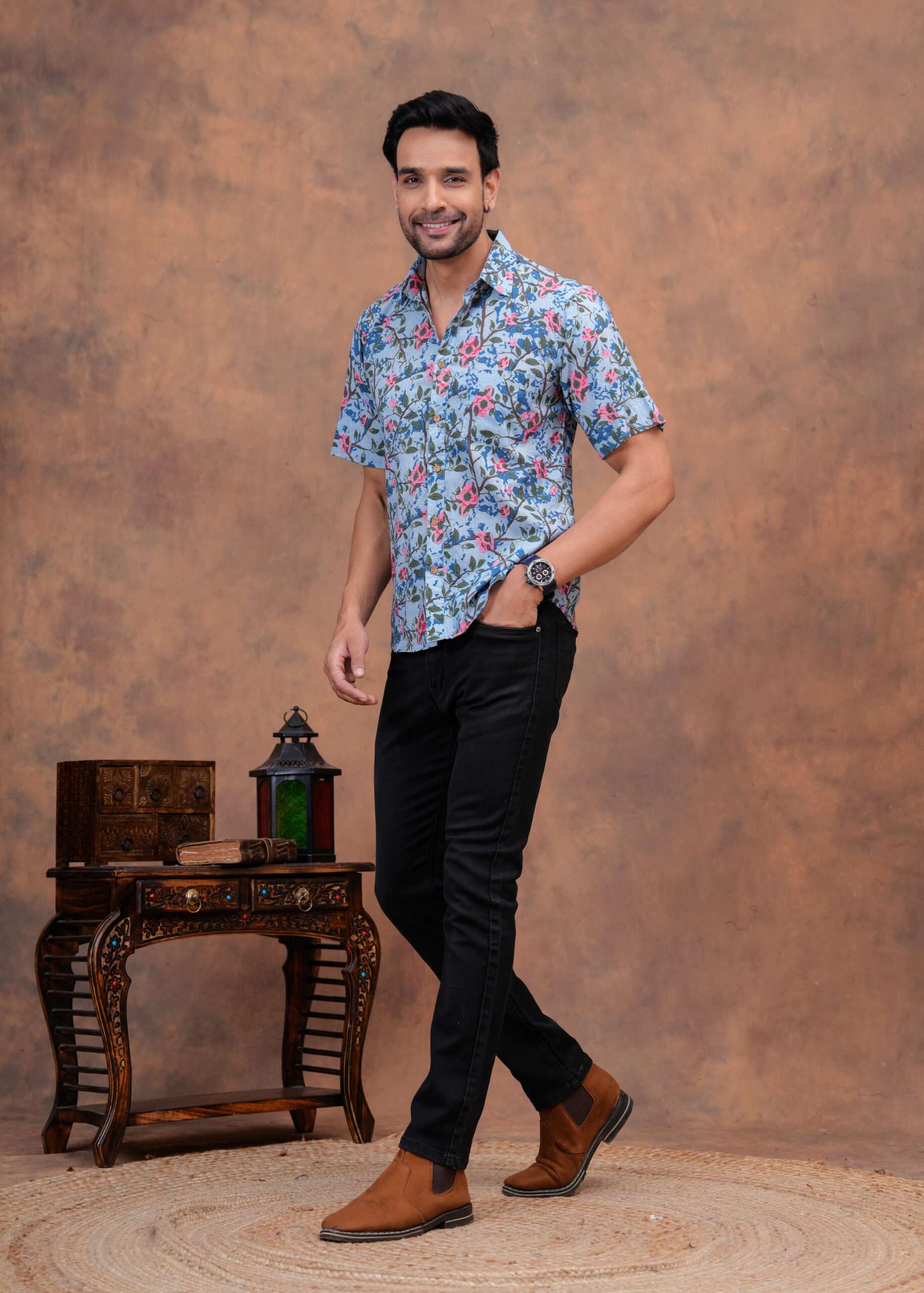 Men’s Sky Blue Floral Handblock Printed Cotton Shirt - Image 2