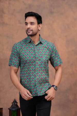 Turquoise Cotton Shirt with Multicolor Floral Jaal – Bold, Bright & Rooted in Craft