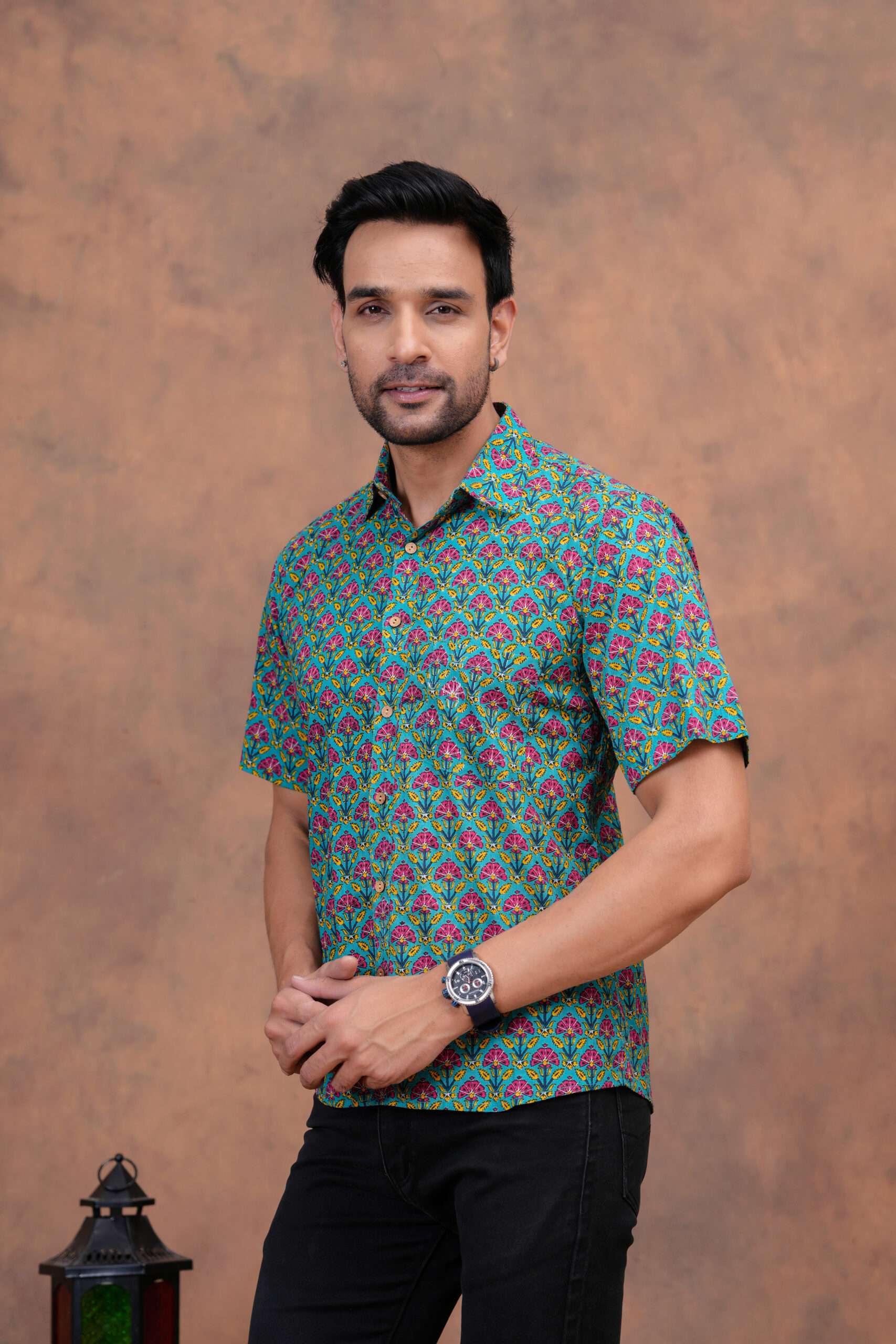 Turquoise Cotton Shirt with Multicolor Floral Jaal – Bold, Bright & Rooted in Craft - Image 3