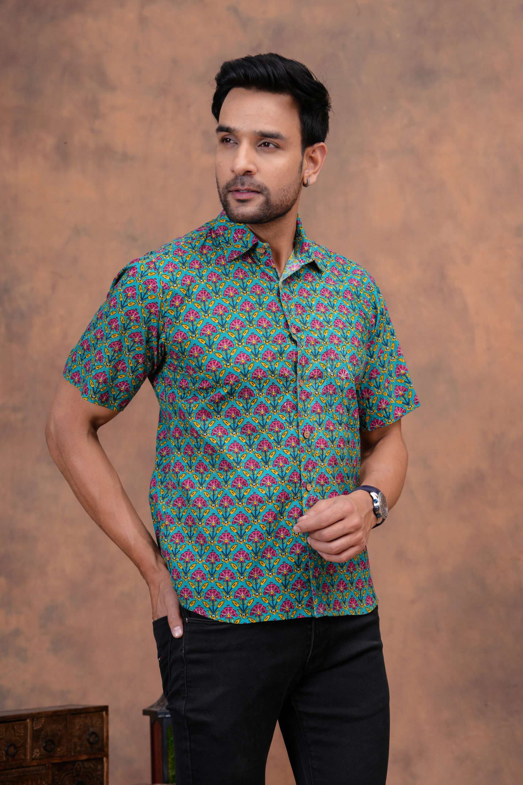 Turquoise Cotton Shirt with Multicolor Floral Jaal – Bold, Bright & Rooted in Craft - Image 2