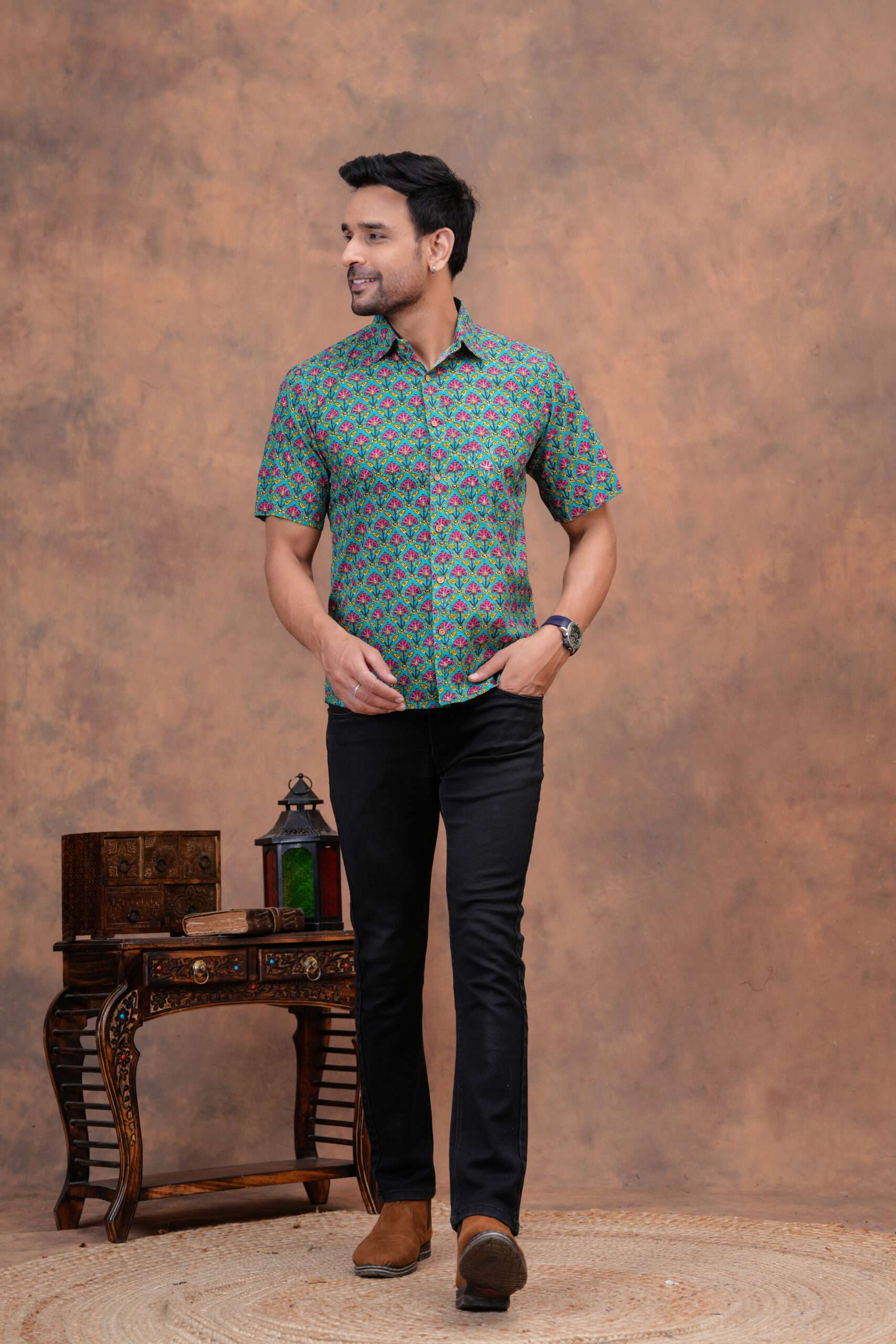 Turquoise Cotton Shirt with Multicolor Floral Jaal – Bold, Bright & Rooted in Craft - Image 5