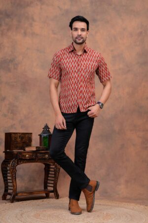 Men’s Rust Red Bagru Handblock Printed Cotton Shirt
