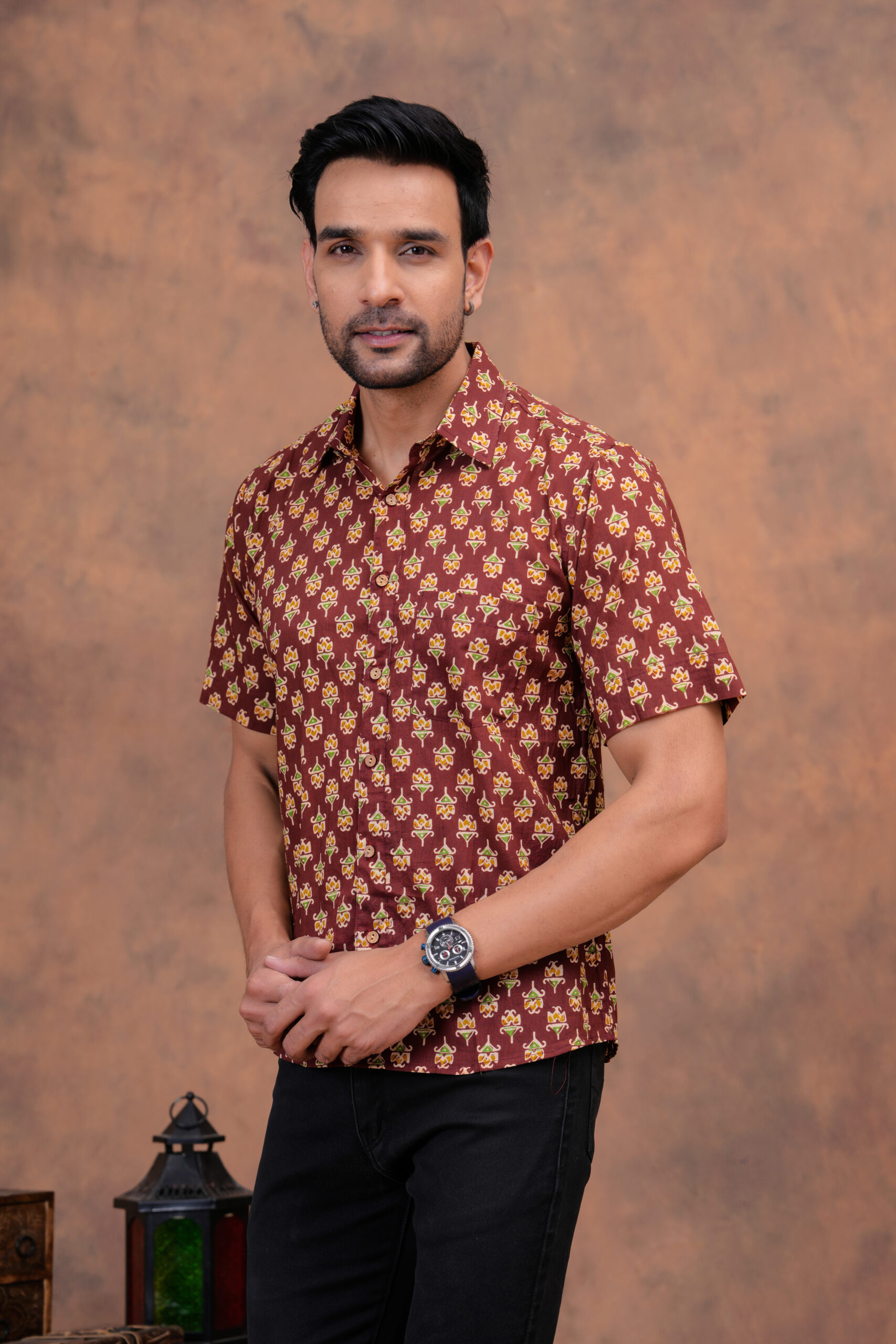 Maroon Cotton Shirt with Miniature Floral Motifs – Refined Tradition for Everyday Style - Image 3