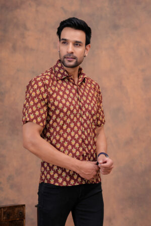 Maroon Cotton Shirt with Miniature Floral Motifs – Refined Tradition for Everyday Style