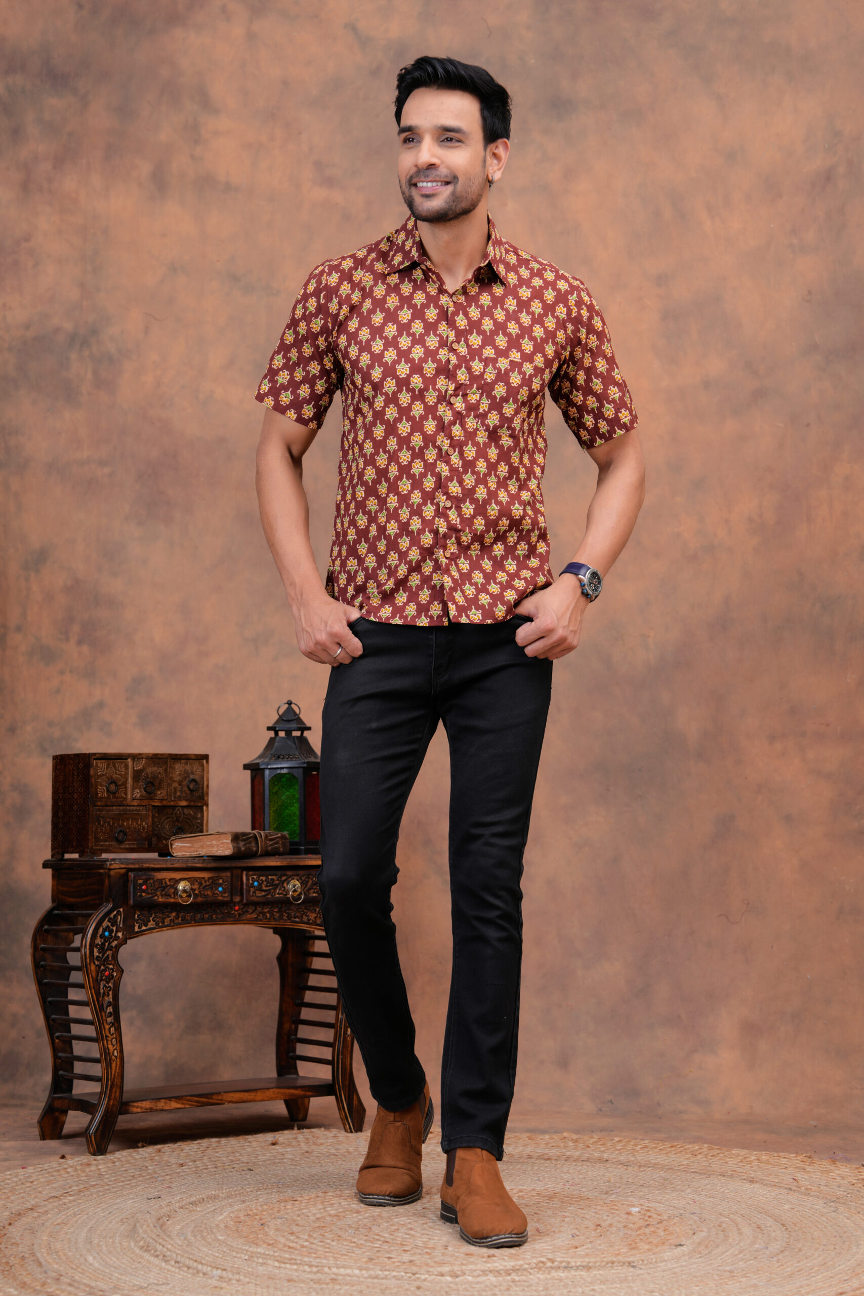 Maroon Cotton Shirt with Miniature Floral Motifs – Refined Tradition for Everyday Style - Image 5