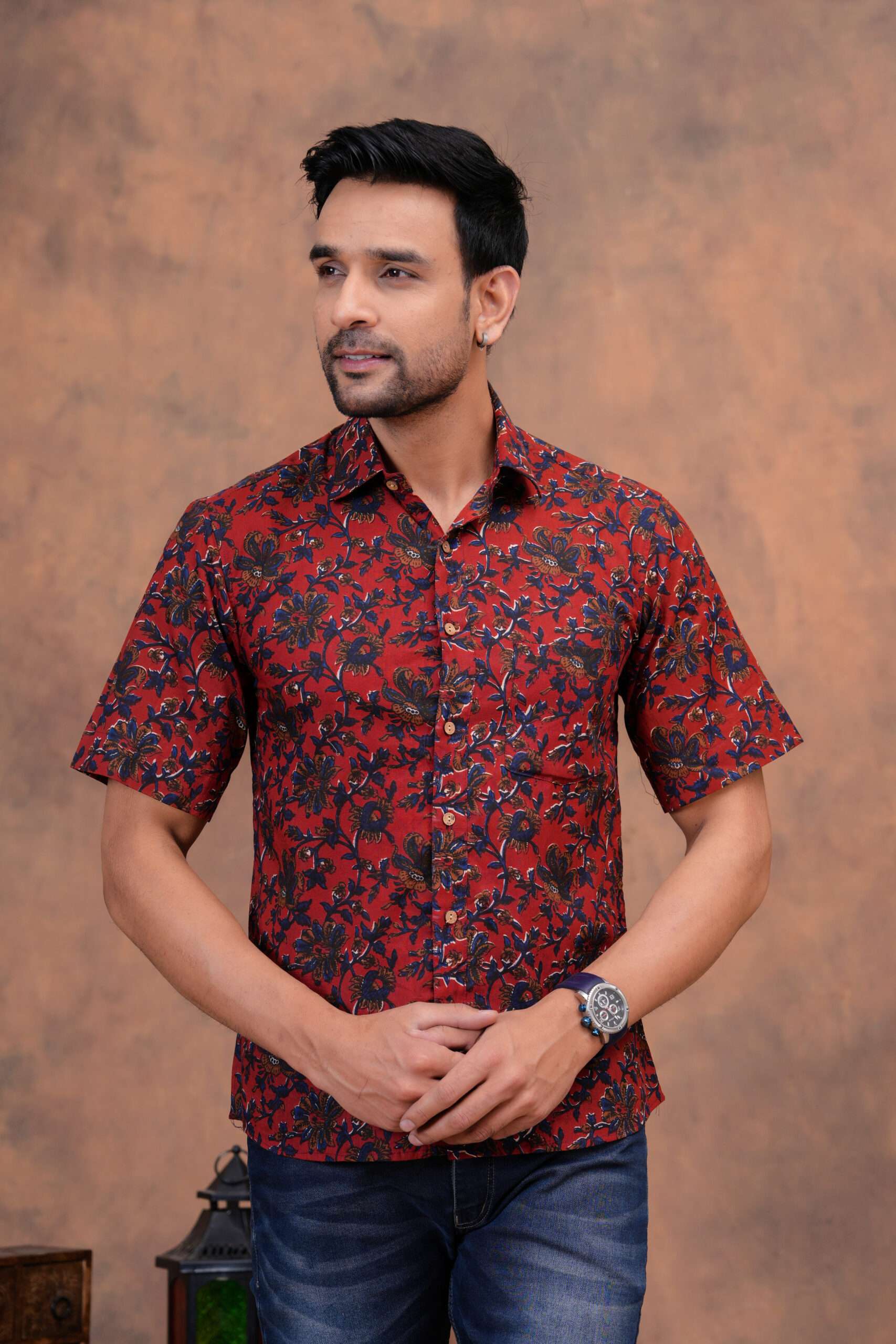 Men’s Maroon Floral Printed Cotton Shirt - Image 4