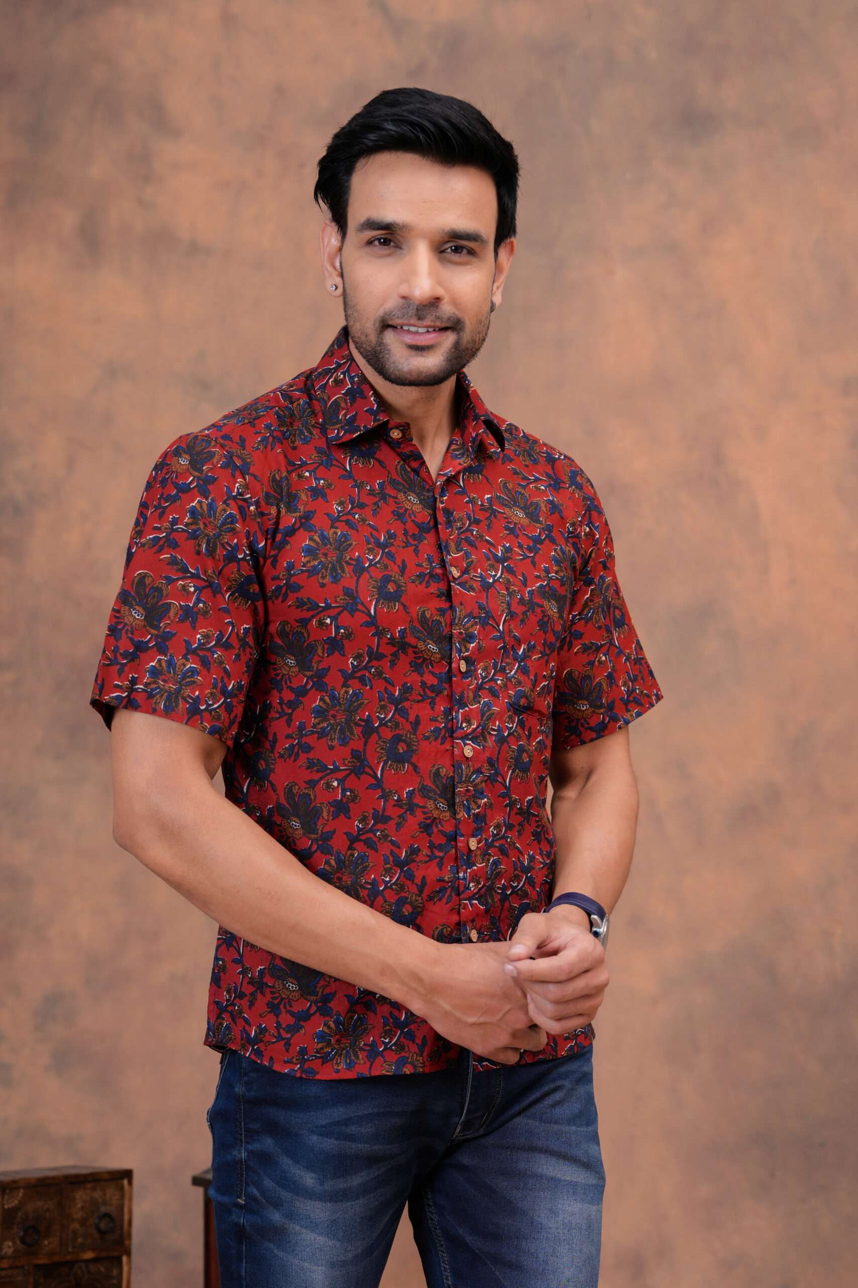 Men’s Maroon Floral Printed Cotton Shirt - Image 3