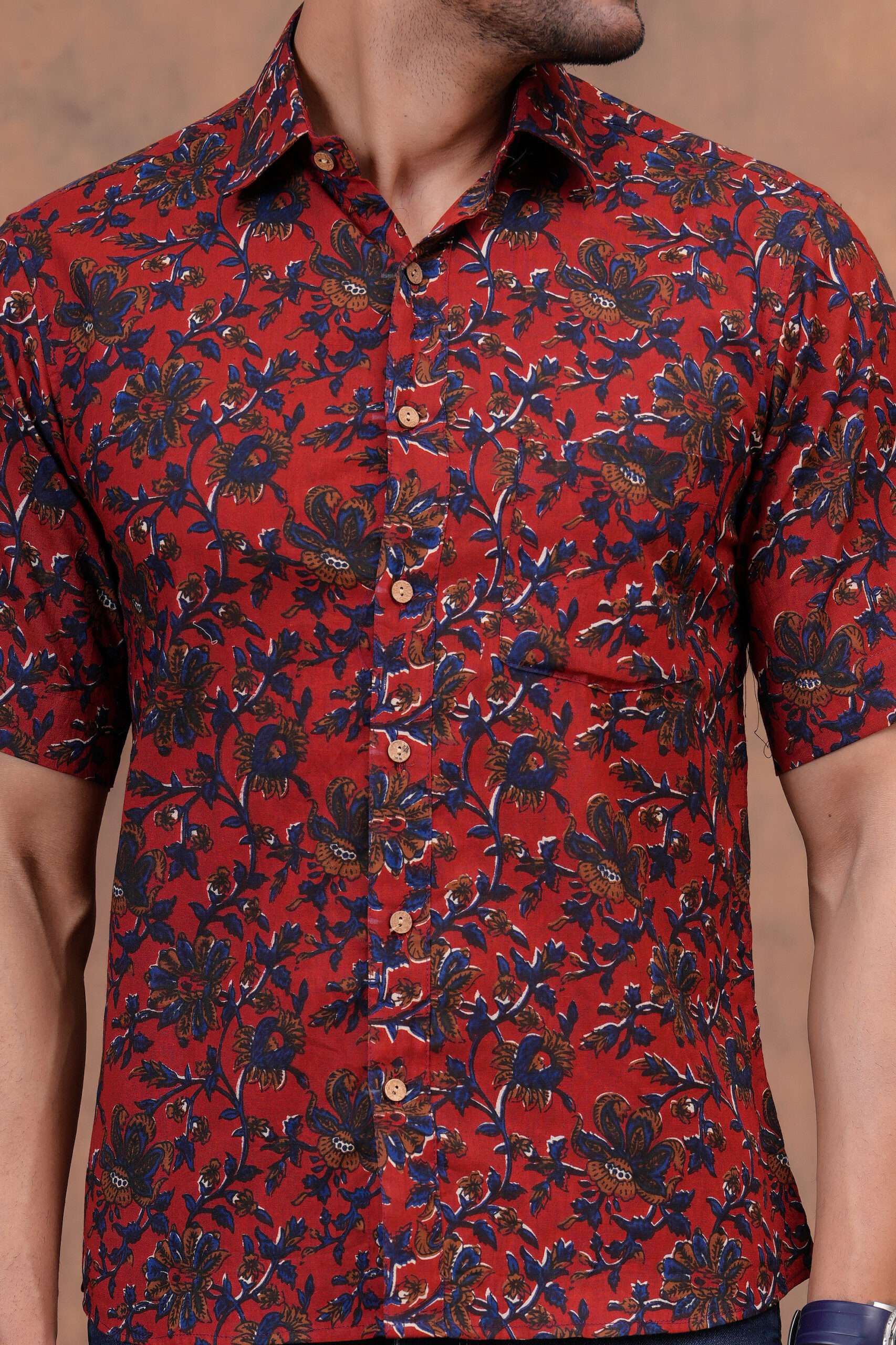Men’s Maroon Floral Printed Cotton Shirt - Image 5