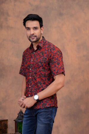 Men’s Maroon Floral Printed Cotton Shirt