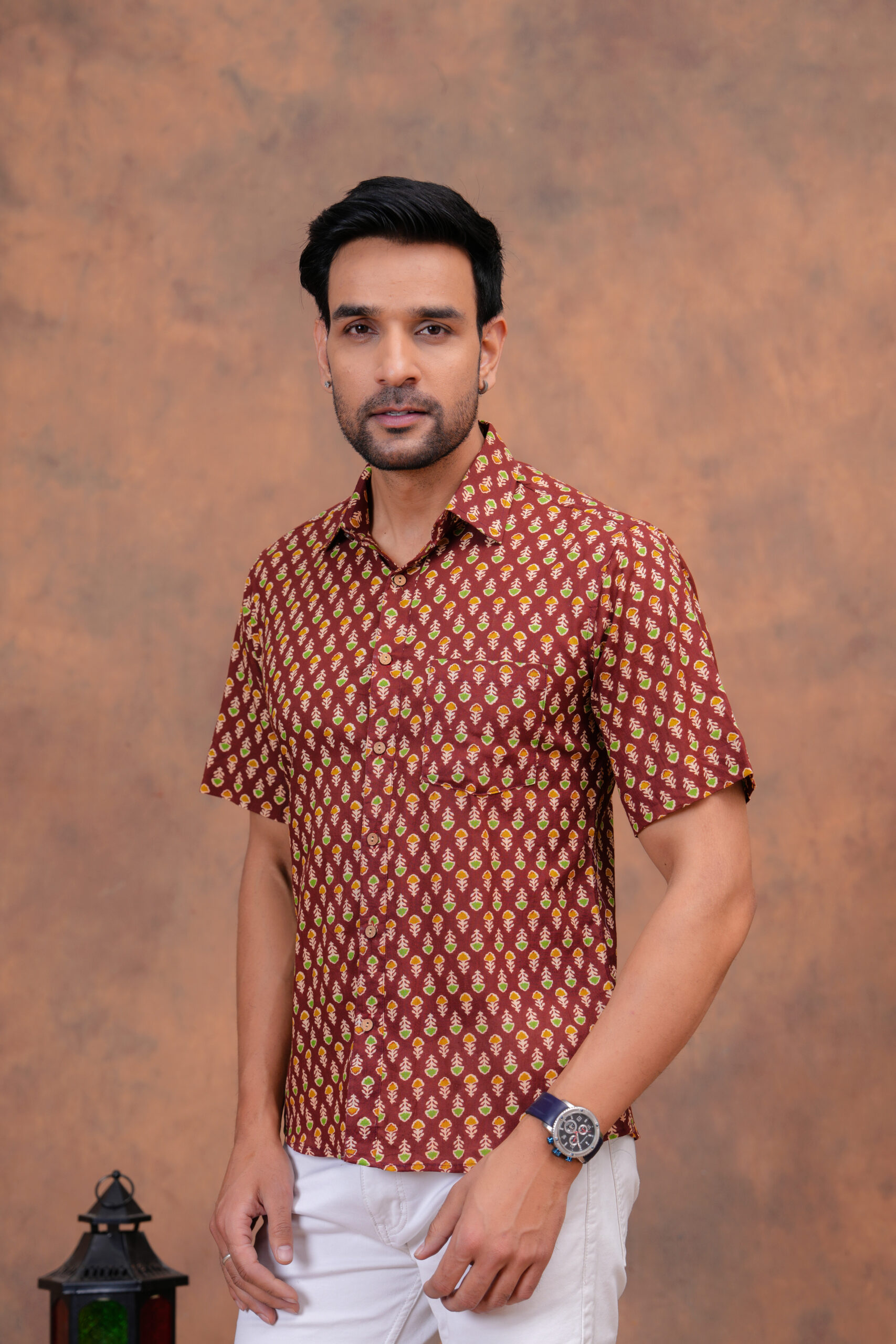 Maroon Hand Block Printed Cotton Shirt – Traditional Touch for Modern Men