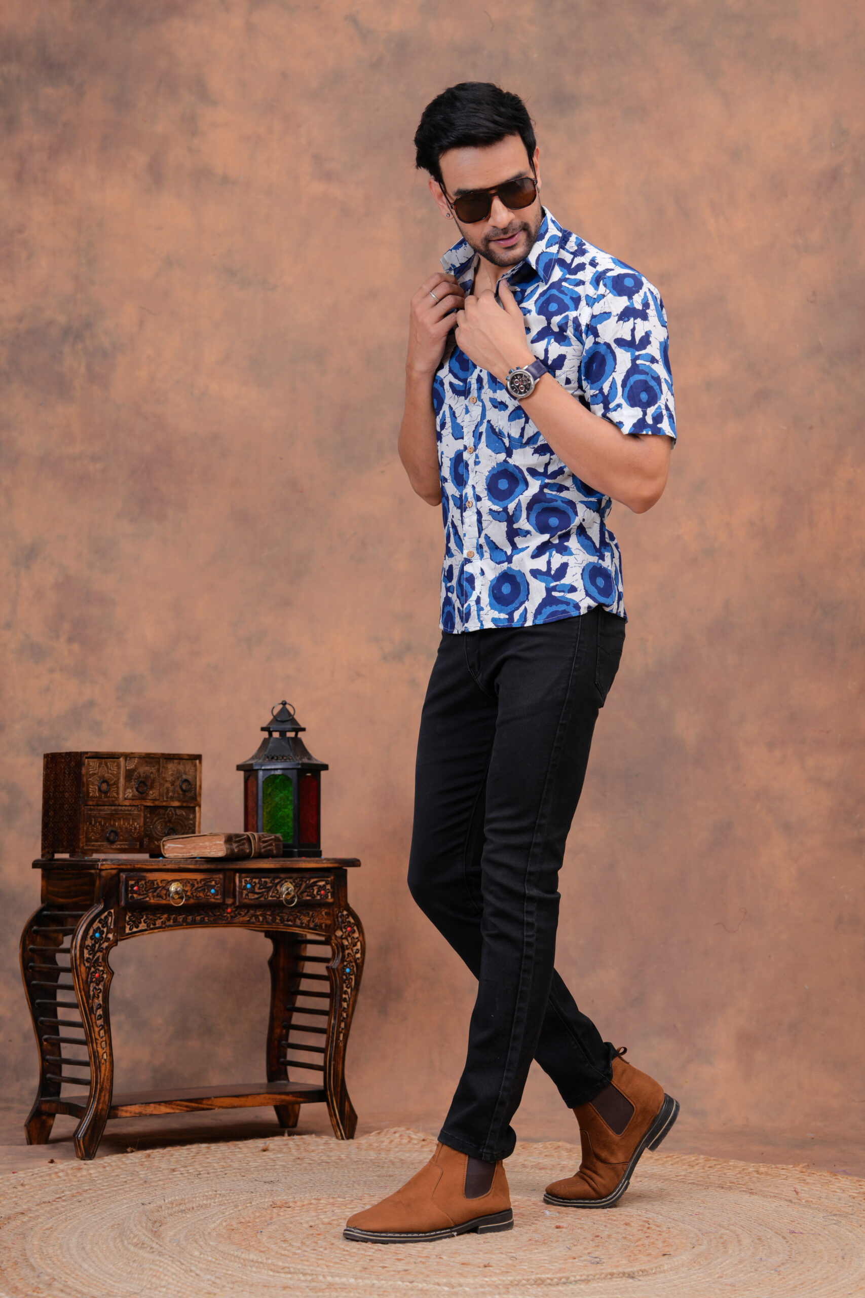 Men’s Blue Bagru Handblock Printed Cotton Shirt - Image 5