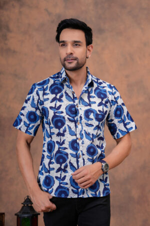 Men’s Blue Bagru Handblock Printed Cotton Shirt