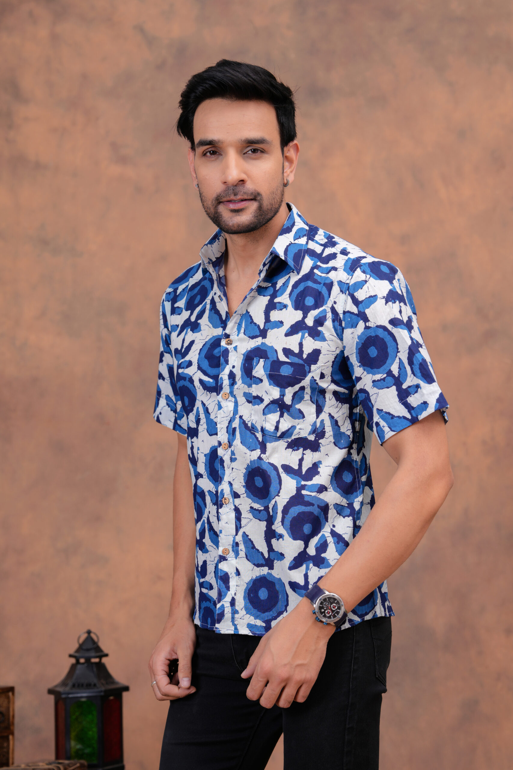 Men’s Blue Bagru Handblock Printed Cotton Shirt - Image 4