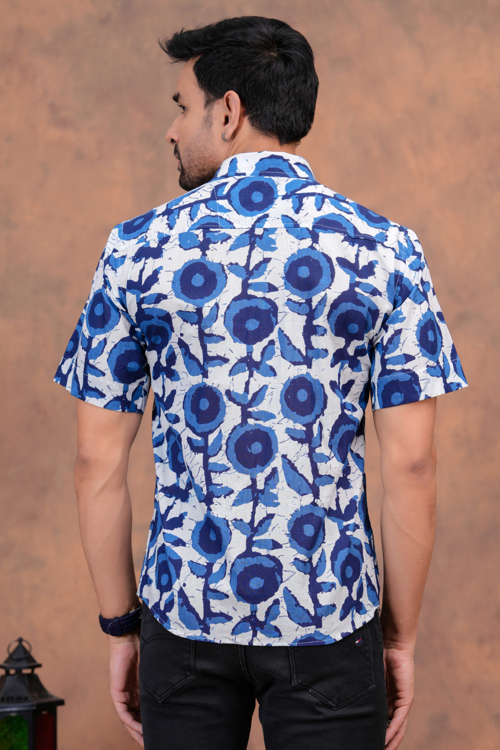 Men’s Blue Bagru Handblock Printed Cotton Shirt - Image 3