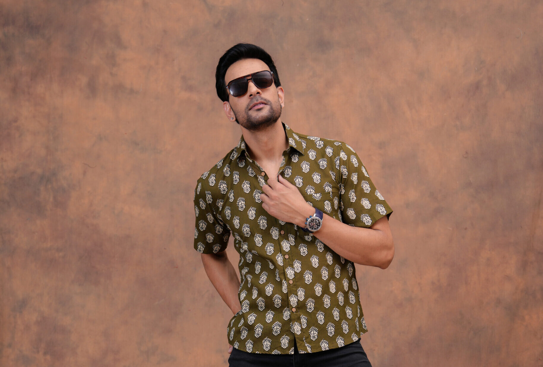 Men's Olive Green Bagru Handblock Printed Cotton Shirt - Image 4