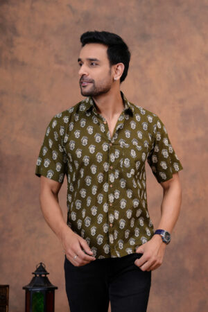 Men’s Olive Green Handblock Printed Cotton Shirt