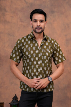 Men's Olive Green Bagru Handblock Printed Cotton Shirt