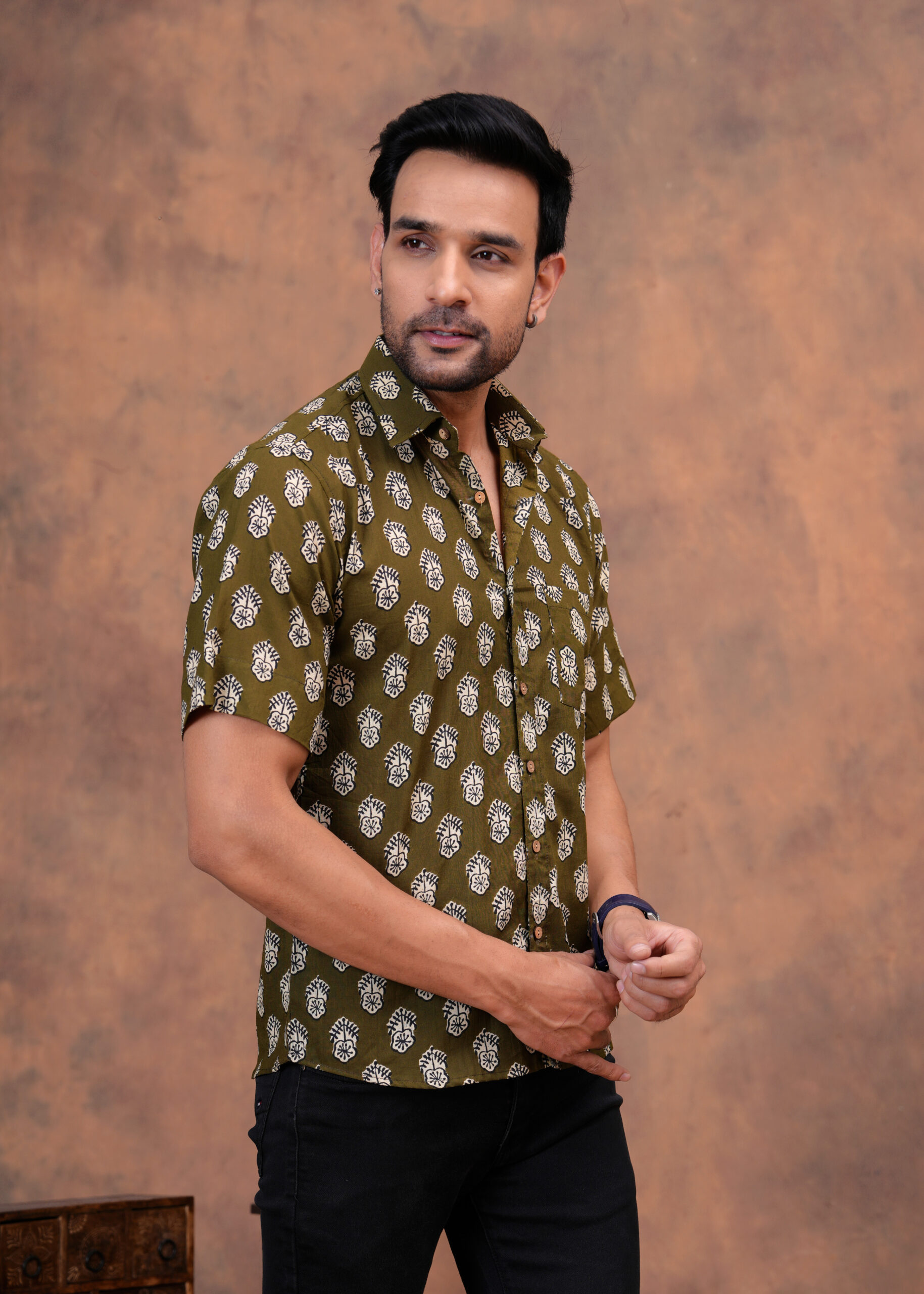 Men's Olive Green Bagru Handblock Printed Cotton Shirt - Image 3