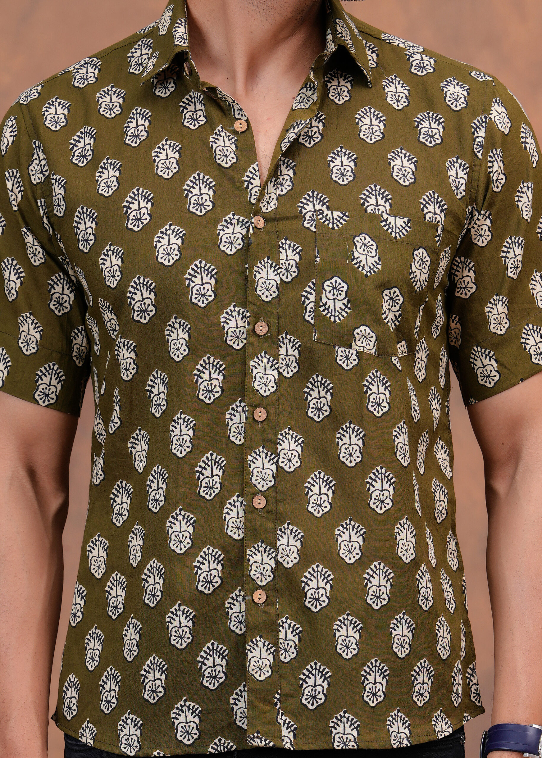 Men's Olive Green Bagru Handblock Printed Cotton Shirt - Image 2