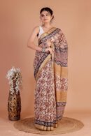 Elegant Semi Maheshwari Cotton-Silk Saree with Traditional Handblock Print & Zari Border