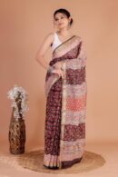 Buy elegant Semi Maheshwari Saree online in cotton-silk blend with zari border & handblock print. Lightweight, festive-ready & daily wear perfect