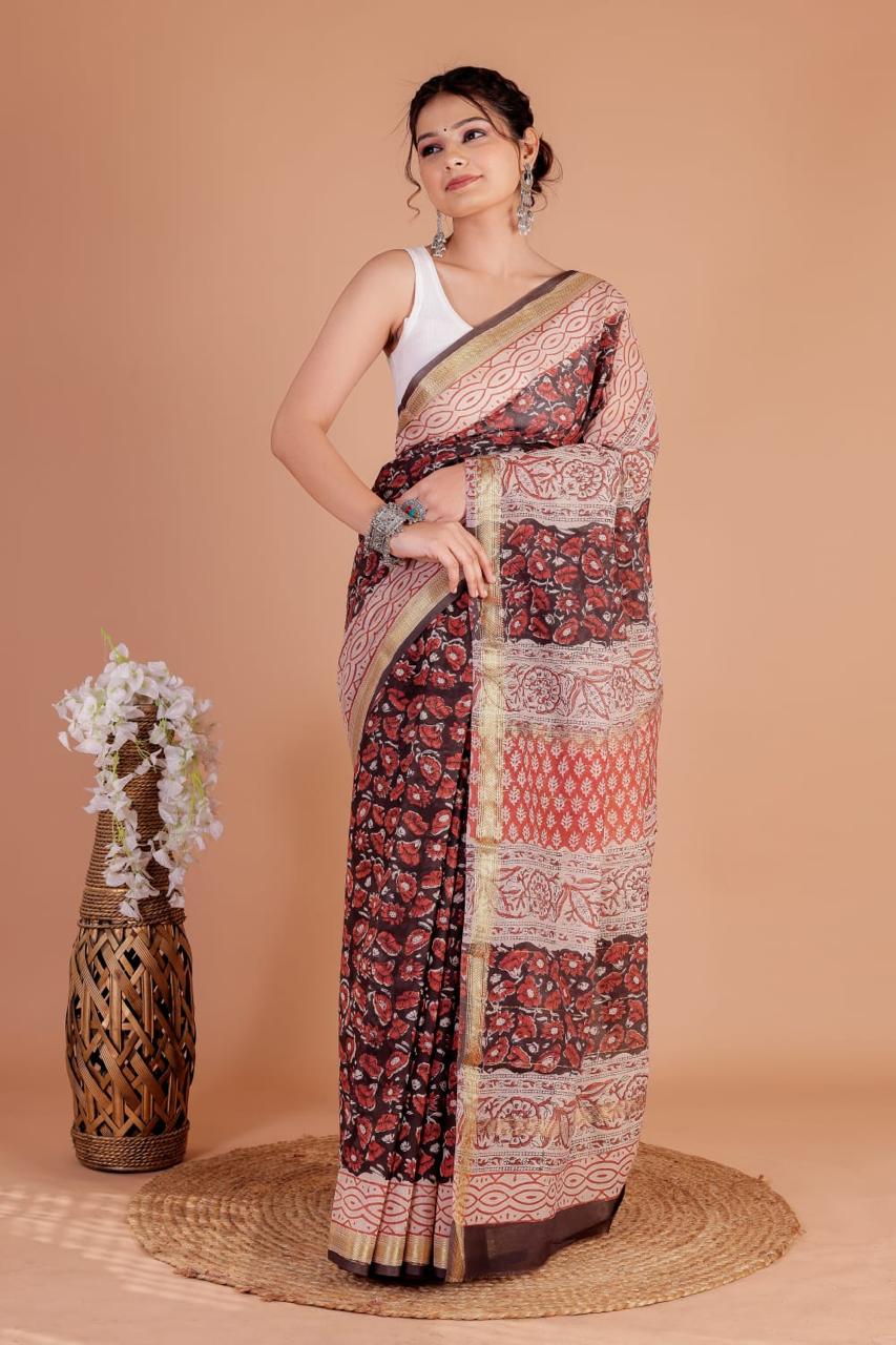 Buy elegant Semi Maheshwari Saree online in cotton-silk blend with zari border & handblock print. Lightweight, festive-ready & daily wear perfect