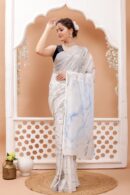 Cloud Whisper” – Hand Block Marble Print Cotton Mulmul Saree