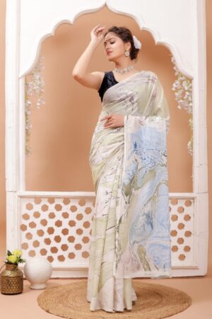 Pastel Green Cloud Marble Hand Block Cotton Mulmul Saree